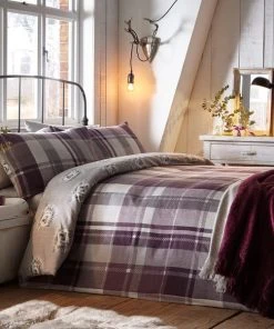 Dunelm Colville Check Plum 100% Brushed Cotton Reversible Duvet Cover And Pillowcase Set