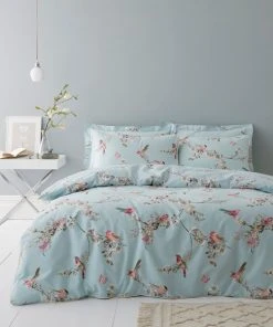 Dunelm Beautiful Birds Duck-Egg Duvet Cover And Pillowcase Set
