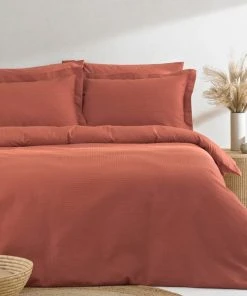 The Linen Yard Waffle Red Clay 100% Cotton Duvet Cover And Pillowcase Set
