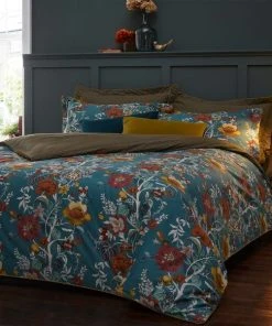 Paoletti Riva Bloom Teal 100% Cotton Duvet Cover And Pillowcase Set