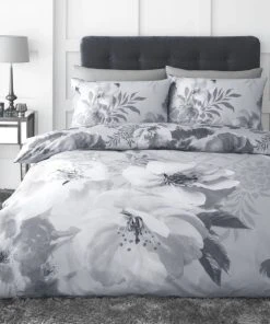 Catherine Lansfield Dramatic Floral Silver Reversible Duvet Cover And Pillowcase Set