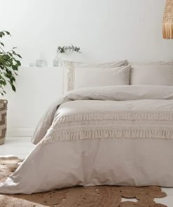 Pineapple Elephant Izmir Stone Grey Tassel 100% Cotton Duvet Cover And Pillowcase Set