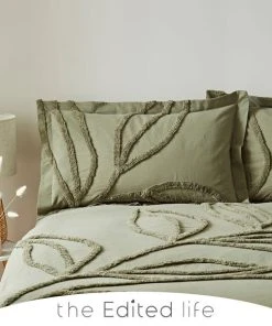 The Edited Life Tufted Leaf Olive 100% Organic Cotton Oxford Pillowcase