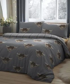 Fusion Highland Cow Grey Reversible Duvet Cover And Pillowcase Set