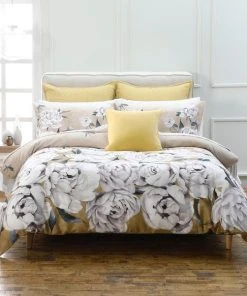 Avery Green Ava Floral Gold 100% Cotton Sateen Duvet Cover And Pillowcase Set