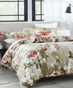 Avery Green Odette Floral Natural 100% Cotton Sateen Duvet Cover And Pillowcase Set