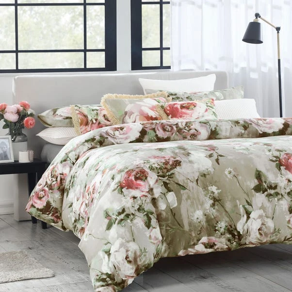 Avery Green Odette Floral Natural 100% Cotton Sateen Duvet Cover And Pillowcase Set 1 Avery Green Odette Floral Natural 100% Cotton Sateen Duvet Cover And Pillowcase Set