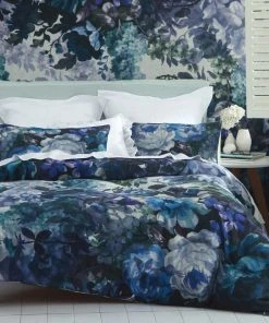 Avery Green Anastasia Floral Navy 100% Cotton Sateen Duvet Cover And Pillowcase Set