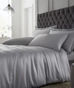 Catherine Lansfield Silky Soft Satin Silver Duvet Cover And Pillowcase Set