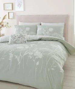 Catherine Lansfield Meadowsweet Floral Green Reversible Duvet Cover And Pillowcase Set