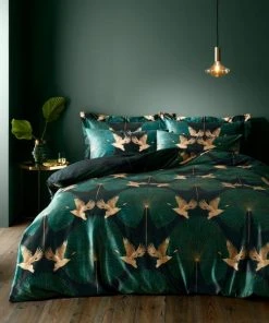 Dunelm Luxe Cranes Emerald Duvet Cover And Pillowcase Set