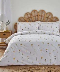 Dunelm Pressed Floral Yellow 100% Cotton Duvet Cover And Pillowcase Set